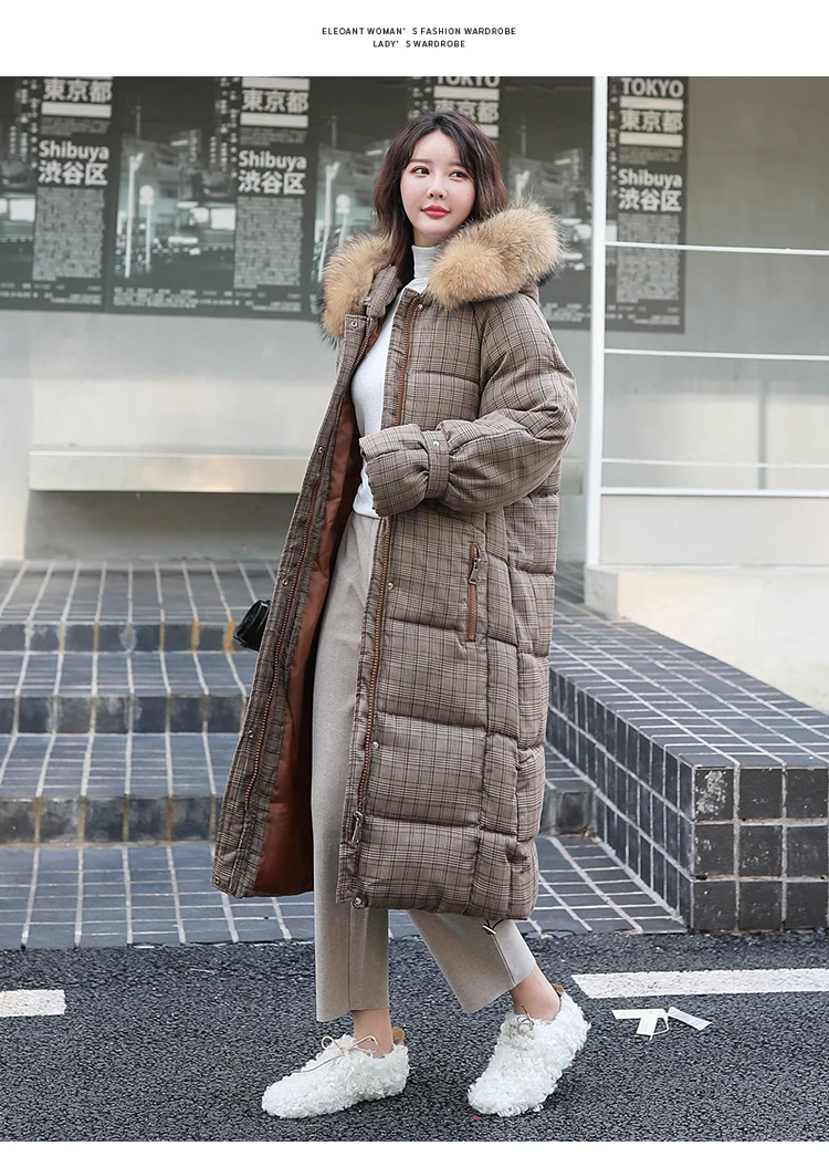 Классическая клетчатая зимняя куртка для женщин, высокое качество, пуховик для женщин, длинные тонкие женские куртки на молнии с меховым воротником, женский пуховик