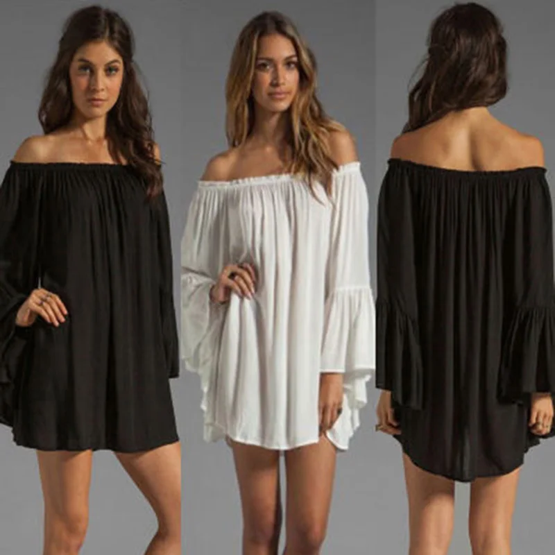 

Off-shoulder Slash Neck Loose Chiffon Long-sleeved Dress Solid Color Spring Autumn Women A-Line Full Flare Sleeve Mini Dresses
