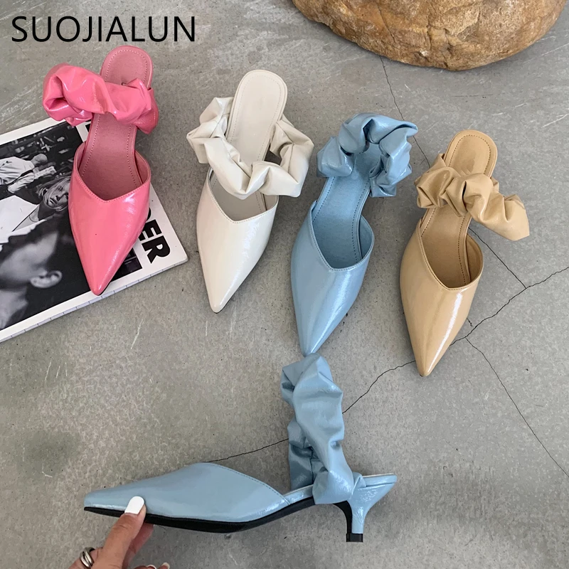 Мюли SUOJIALUN женские на тонком низком каблуке модные шлепанцы со складками без