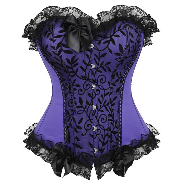 Women's Lace Cover Overbust Corset Lace Up Boned Lingerie Zipper Side Carnival Waist and Body Shaper Bustier Plus Size Purple