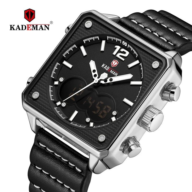 S-B-B KADEMAN роскошные квадратные часы Мужские Оригинальные спортивные часы Топ бренд двойной дисплей 3ATM Tech наручные часы новые кожаные повседневные мужские часы - Цвет: S-B-B