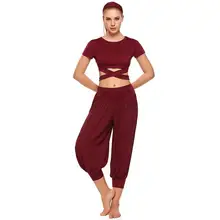 Women 3 Pieces Yoga Set Short Sleeve Crop Cropped Solid Top Chiffon Pants Summer Elastic Headband Set Fitness