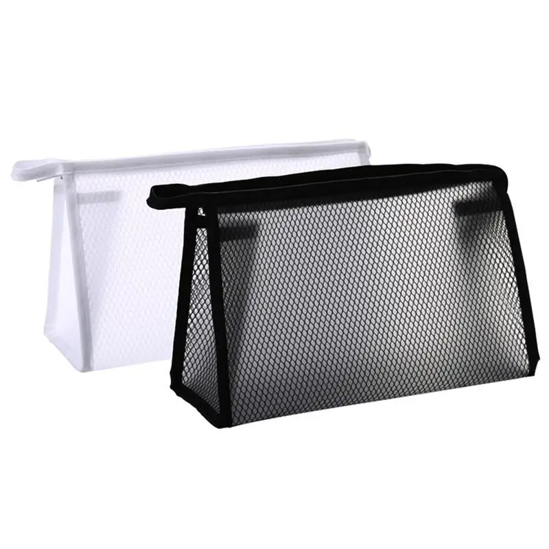 2pcs Mesh Clear Cosmetic Bag Zipper Makeup Bags For Women Washing Solid