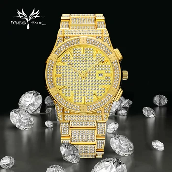 

MISSFOX Men Watch Big Dial Gold Luxury bling Diamond Wristwatch Calendar Analog Waterproof Watches Dropshipping relojes hombre