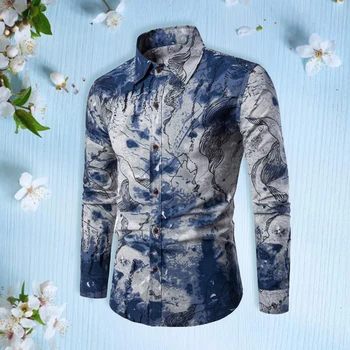 

Fashion Spring Autumn Casual Men Shirt Slim Fit Flower Print Linen Shirt Long-sleeved Shirts Male Floral Social M-5XL