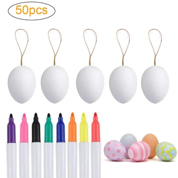 

50 pcs Plastic White Easter Eggs Decorative Eggs with Hanging Rope Easter DIY Painting Eggs with 8 Color Pens