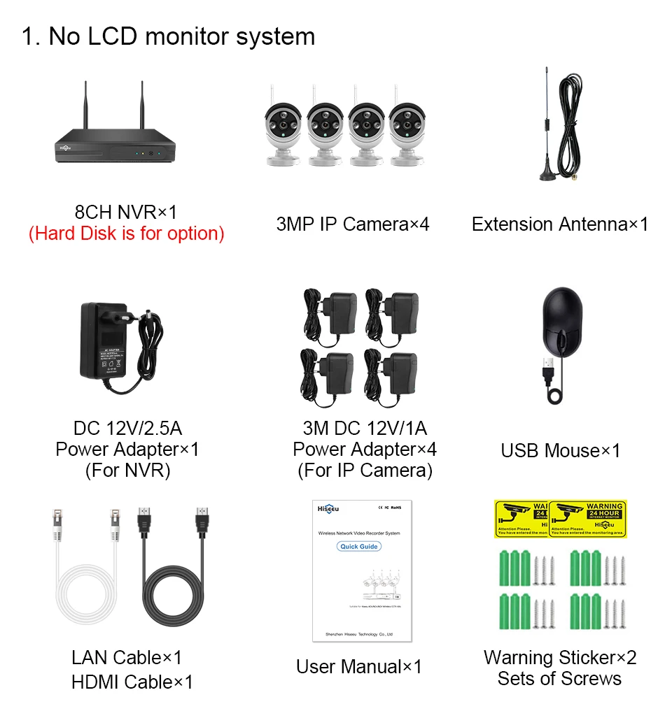 Hiseeu 8CH Wireless CCTV System 1536P 1080P NVR wifi Outdoor 3MP AI IP Camera Security System Video Surveillance LCD monitor Kit