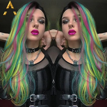 

Aiva Hair Rainbow Color Wavy Wig High Density Synthetic Lace Front Wig 180% Heat Resistant Cosplay Wigs For Black Women