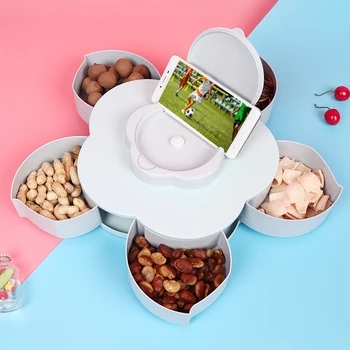 

Newly Funny Petal-Shaped Rotating Snack Serving Tray Sectional Candy Nut Box Snack Tray with Phone Holder