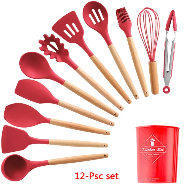 RED 12PCS 9/10/12 шт. силиконовых кейсов Пособия по кулинарии набор посуды с антипригарным покрытием шпатель лопата с деревянной ручкой Пособия по кулинарии Набор инструментов с ящиком для хранения Кухня инструменты - Цвет: RED 12PCS