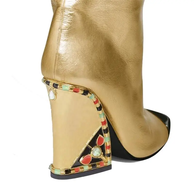 Scarpe donna/ г.; женская обувь; зимние высокие ботинки; однотонные ботильоны золотистого цвета; женская обувь без застежки с острым носком; Botas Largas Dama