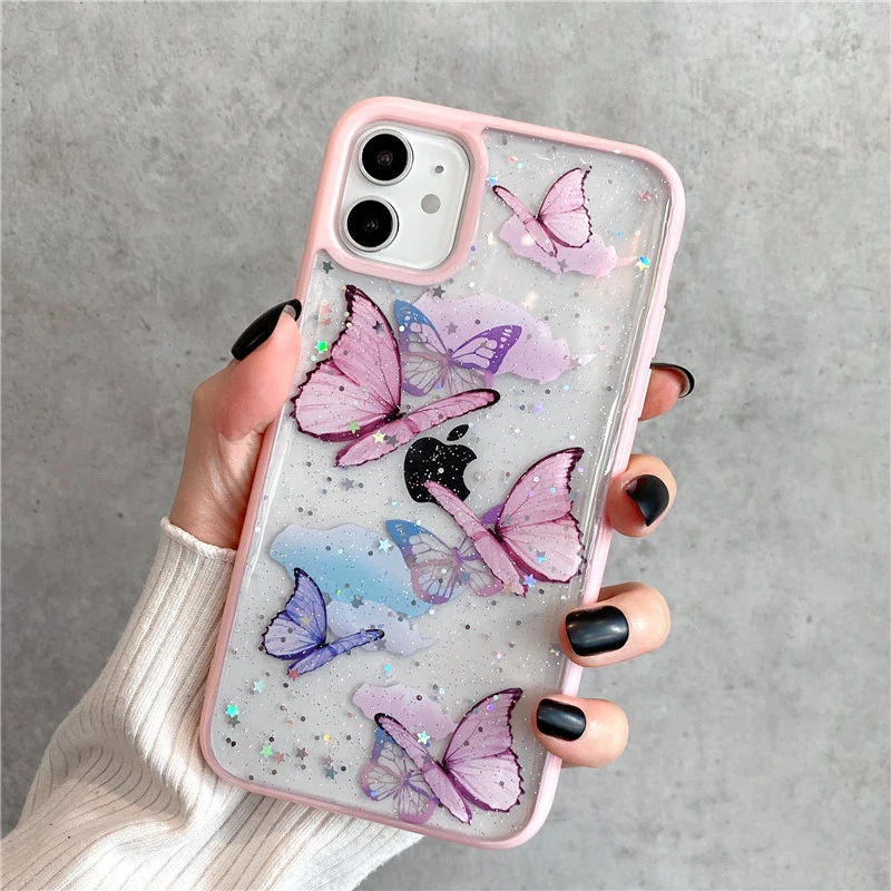 Bling Glitter Butterfly Phone Case For Iphone 11 Pro Max Xr X Xs Max 7 8 Plus Se Clear Transparent Soft Silicone Cover Capa Mobile Phone Cases Covers Aliexpress