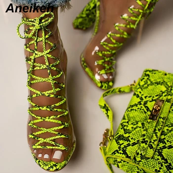 

Aneikeh New 2020 Novelty PVC Women Boots Serpentine Transparent Peep Toe Lace-Up Shoes Dance Square High Heel Ankle Size 35-42