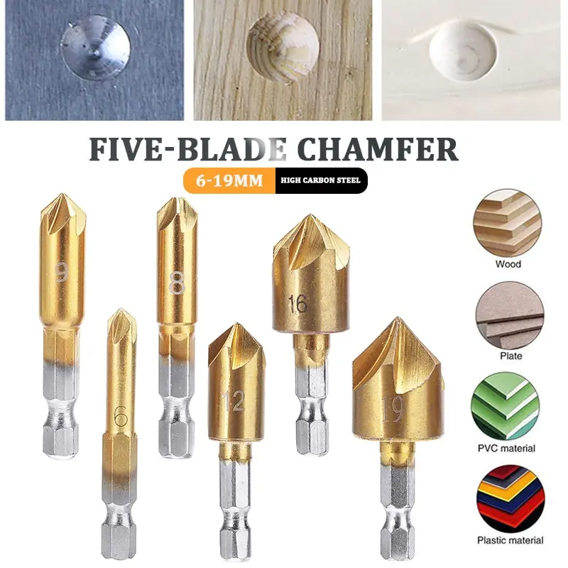 

3pcs 6mm-19mm HSS Chamfer Countersink Chamfer Drill Bit 1/4" Hex Shank 90 Degree Titanium Coated Wood Chamfering Cutter