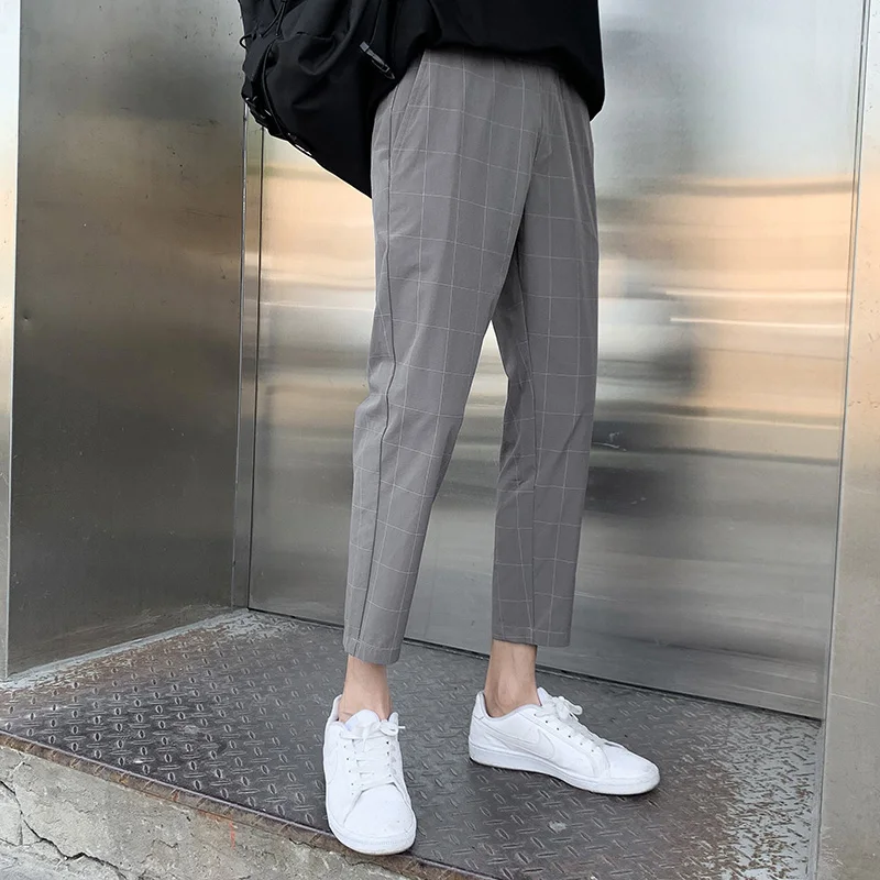 New Men Summer Casual Pants Plaid Straight Ankle Length Pants Slim Fit Elastic Waist Thin Cotton