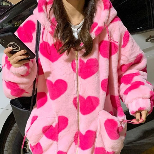 Kawaii Pink Heart-shaped Women's Fleece Jacket Warm Winter Jacket