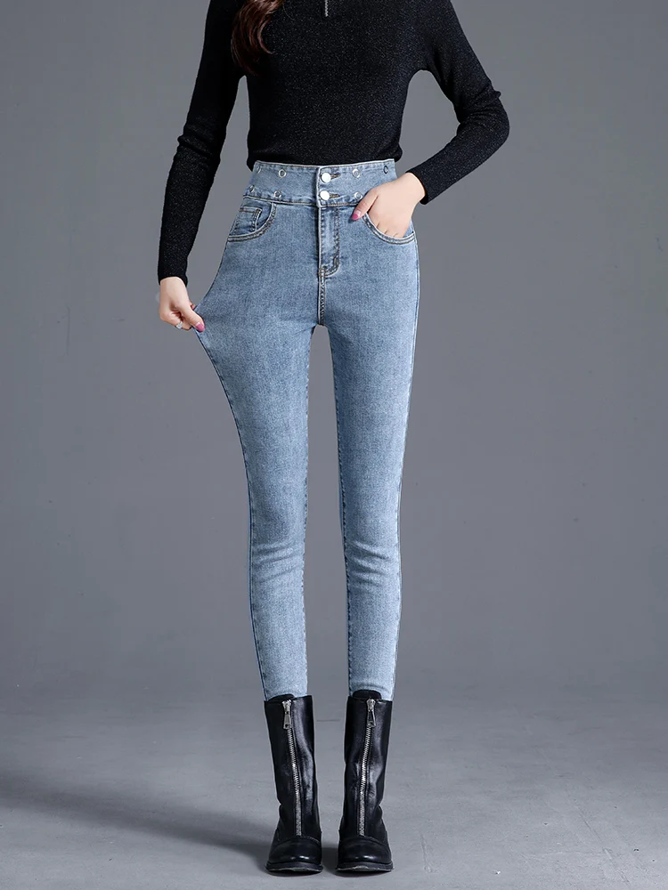 Новые джинсы женские девять очков чистая красная и элегантная Высокая талия были тонкие брюки узкие брюки