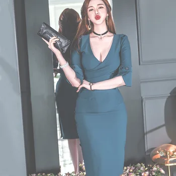 

Women Sheath Wrap Midi Winter Dress Plus Size Solid Deep V-neck Sexy Party Dress Ladies Three Quarter Slim Bodycon Blue Dress