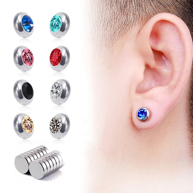 8mm Punk Stainless Steel Fake Piercing Magnetic Ear Stud Crystal Rhinestone Magnet Earrings Body Jewelry Fake Septum Piercing