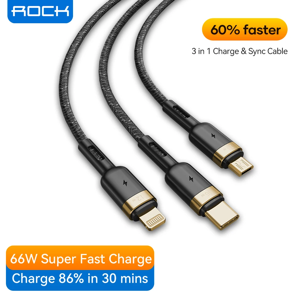 Rock 3 In 1 Usb Cable For Iphone 13 12 Pro Type C Micro Usb C Cable 66w Fast Charging For Xiaomi