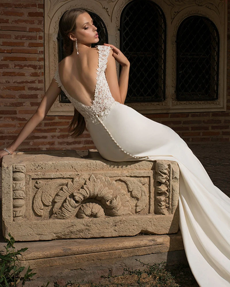 Сатиновые Свадебные платья русалки Vestido De Noiva Sereia эффектное с открытой спинкой и аппликацией пуговицы белые свадебные платья Bruidsjurken