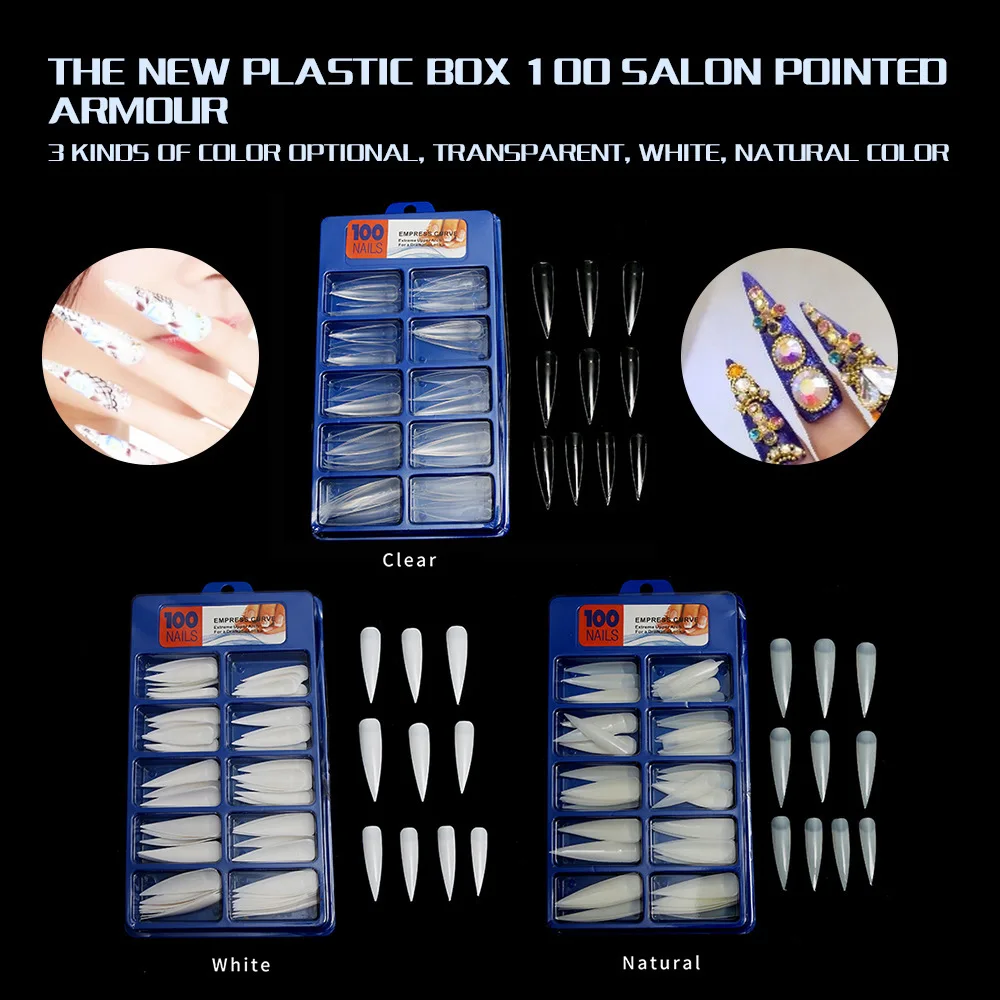 

3 Kinds of color option new plastic boxes 100pcs profesional salon extra long nail tips false nails press on nails tip 100 pcs