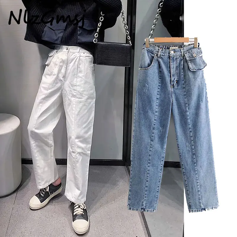 

2020 high street vintage elastic pockets loose jeans woman high waist jeans harem jeans for women boyfriend jeans for women