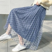 Горошек, бархатные; женская юбка средней длины, в пол осень-зима Корейская высокая талия платье трапециевидной формы плиссированная фатиновая юбка Женский сетки юбка-пачка