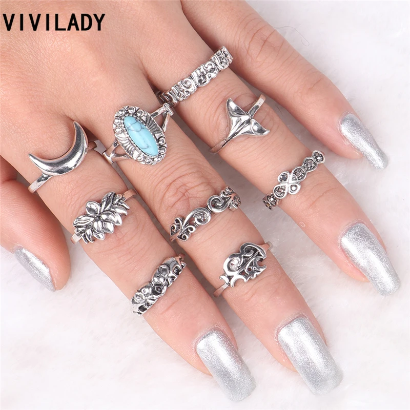 VIVILADY этнические 9 шт. винтажные золотистые серебристые цветочные пальцы