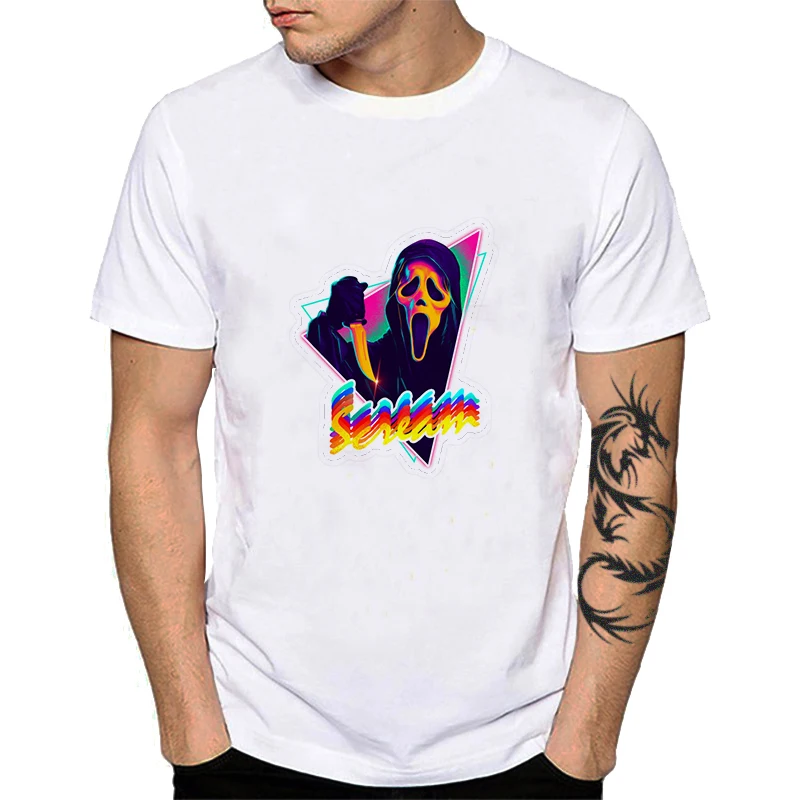 Male T-shirt Ghost Face Scream Cotton Top What Is Your Favorite Scary Movie Harajuku Tee Shirt Horror Addict YH092 | Мужская одежда
