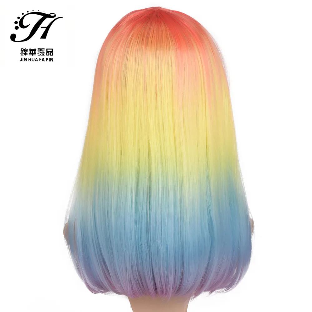 

18 Inch Rainbow Color Wig with Flat Bang Synthetic Hair Heat Resistant Colorful Cosplay Daily Party Wig for Women
