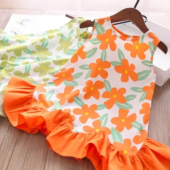 

2020 Summer Girls Printed Colorful Flowers Ruffles Hem Vest Dress Children's Clothing Wholesale