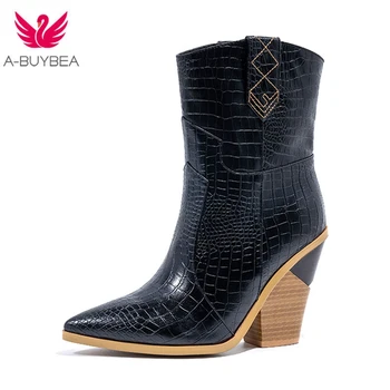 

Fashion Embossed PU Leather Shoes Ankle Boots for Women Pointed Toe Western Cowboy Boots Women High Heels Wedges Runway Boots