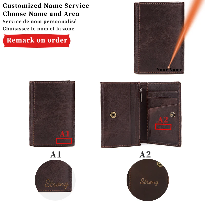 Personality Engraving Name Men Short Portable Zero Wallet Two-Fold Card Holder Genuine Leather Custom wallet Short Purse Clutch