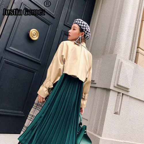 

2019 Women's Single-Breasted Belted Trench Coat Stylish lattic Patter patchwork plaid trench coat women