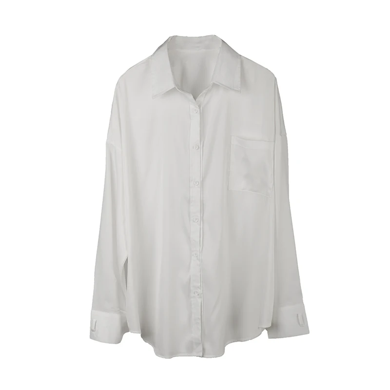 Men's White Shirt Spring And Autumn New Lapel Pure Color Simple Leisure Long Sleeve Shirt Fashionable Single Pocket Design