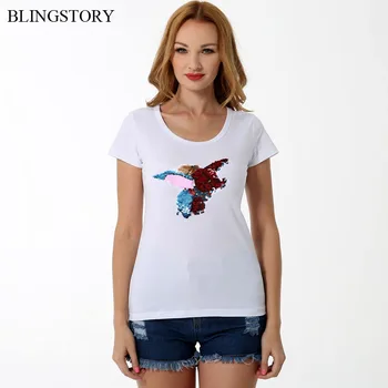 

BLINGSTORY Summer Tops for Women Change Color Sequin Elephant Beading Cotton Short Sleeve Graphic T Shirts S-6XL