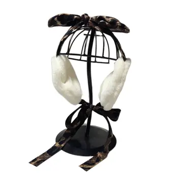 

Womens Winter Fluffy Plush Earmuffs with Long Ribbon String Cute Leopard Rabbit Ears Bowknot Outdoor Protective Earflap Headband