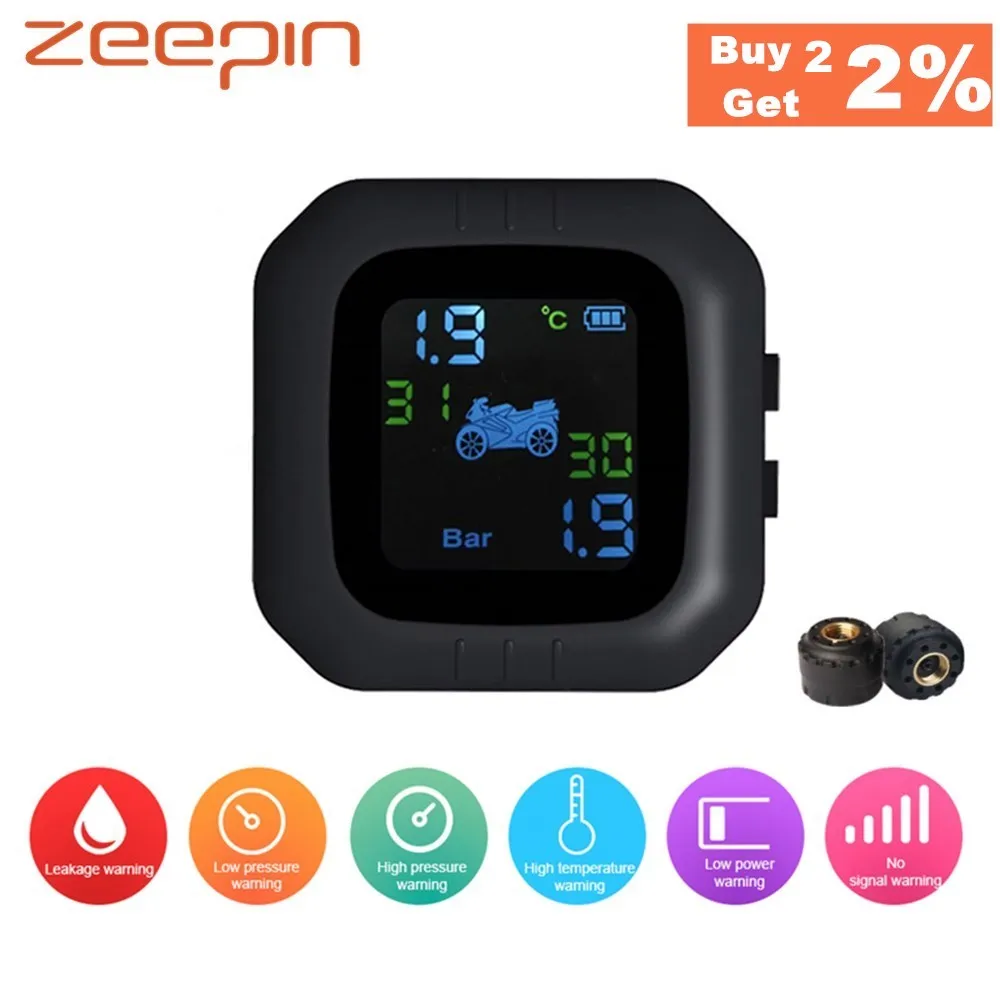 Zeepin Motorcycle TPMS USB Charging LCD Screen Display Real-time Motorbike Tire Pressure Monitoring System with 2External Sensor |