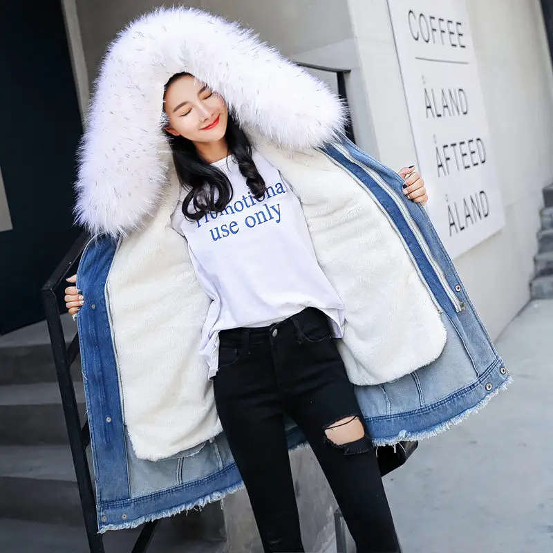 white fur collar Съемная подкладка, зимняя меховая парка, джинсовая куртка, женская зимняя куртка с капюшоном, длинная куртка, винтажная теплая куртка, джинсы, feminina f79 - Цвет: white fur collar