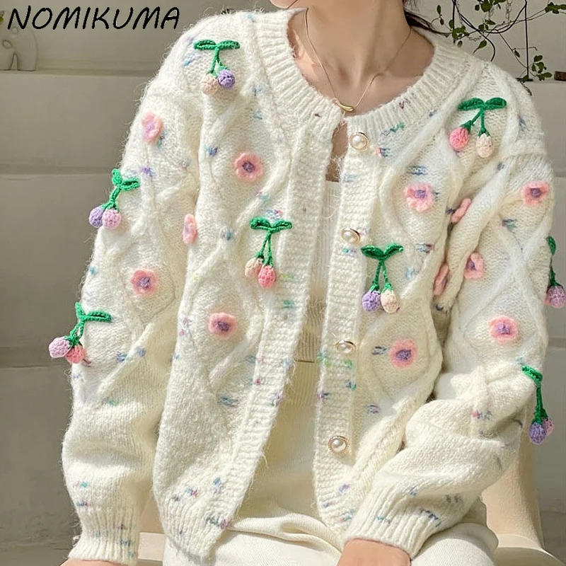 Nomikuma Chic 3D Cherry Flowers Sweater Coat Korean Causal Women Knitted Cardigan 2021 Autumn Winter New Knitwear Jacket 6N877 |