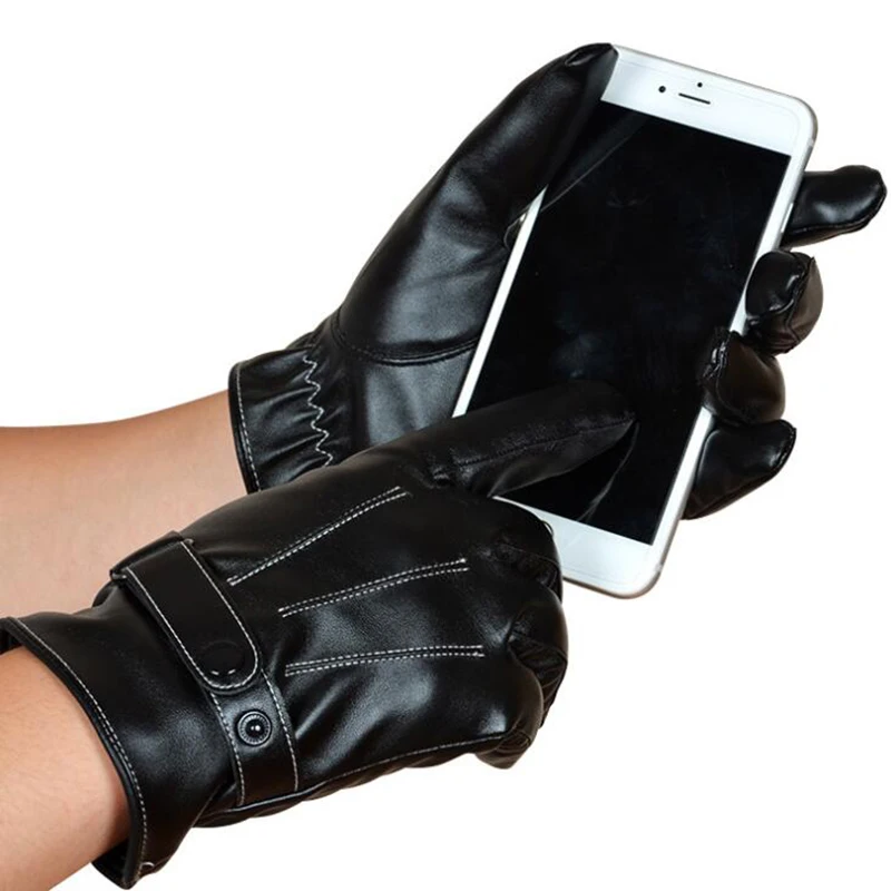 

Winter Leather Glove PU Thicken Anti Slip Windproof Waterproof Thermal Touch Screen Driving Glove Men Women Black Cycling Gloves