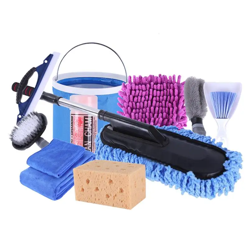 

11Pcs/Set Car Washing Tools Cleaning Microfiber Glove Towel Brush Folding Bucket Sponge Wax Mop For Car Washing(Random Color)
