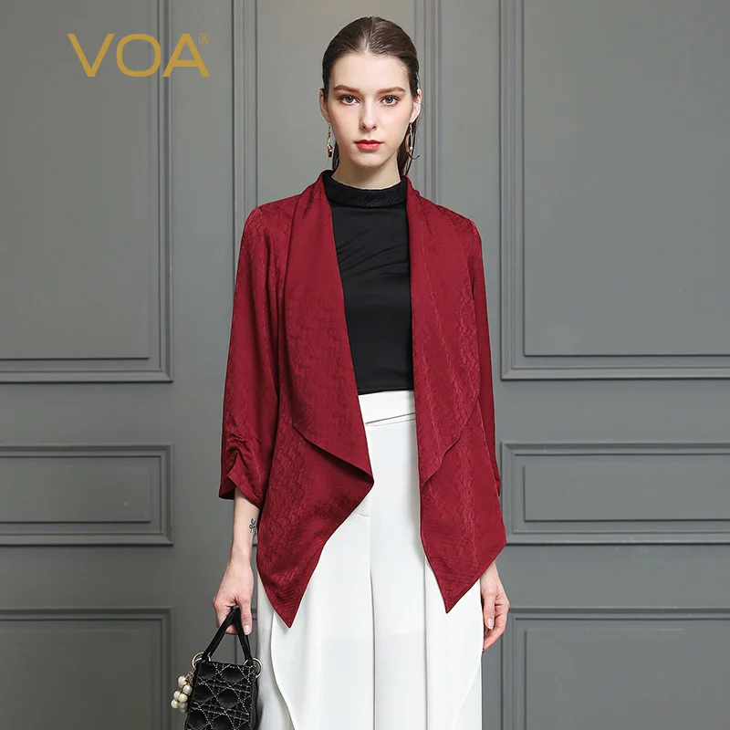 

VOA burgundy 22mm rice silk jacquard collar seven-quarter sleeve front long back short wild air conditioning shirt jacket B2017