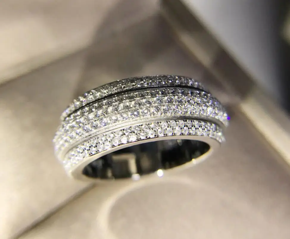 platinum plated 925 пробы, Серебряное модное кольцо с кристаллами, элегантные кольца с тремя рядами сверл, розовое золото, серебряное кольцо, знаменитое свадебное ювелирное изделие - Цвет основного камня: platinum plated