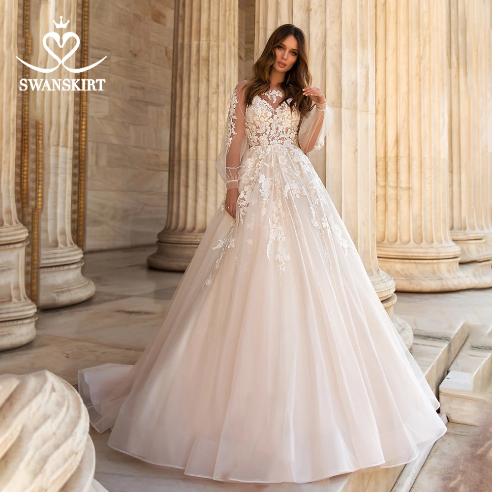 Гламурное свадебное платье с цветами 2019 Swanskirt с круглым вырезом и длинными рукавами трапециевидной формы с аппликацией, свадебное платье с