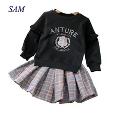 Для девочек весна повседневная одежда детские комплекты с буквенным узором двойные штаны длинные рукава, топ+ клетчатая юбка, комплект из 2 предметов, наряды для маленьких принцесс
