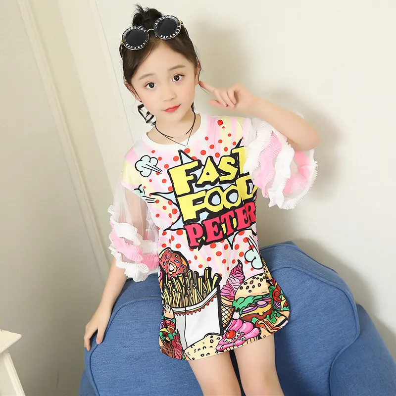 Преувеличенная футболка для девочек; платье с цветным буквенным принтом; Специальный дизайн для девочек-подростков; летняя футболка с рукавами-лепестками; платья