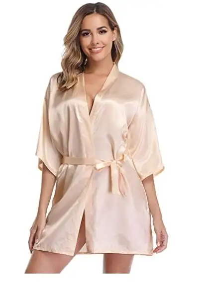 Women Silk Satin Short Night Robe Solid Kimono Robe Fashion Bath Sexy Bathrobe Peignoir Femme Wedding Bride Bridesmaid