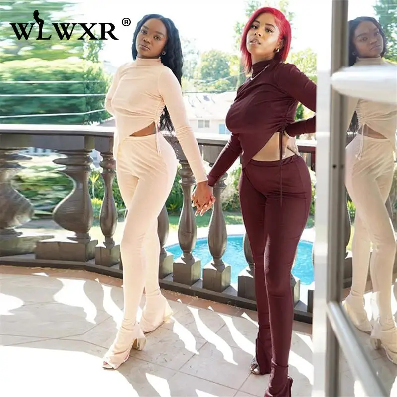 

Спортивный костюм WLWXR женский из двух предметов, уличная одежда с оборками, короткий топ с длинным рукавом и длинные брюки, осень 2021